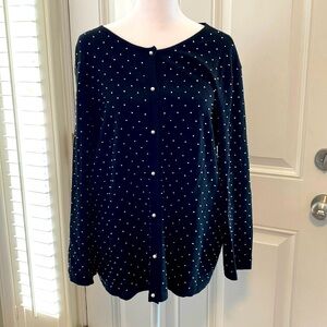 Jones New York black cardigan with white seed pearls sewn on and pearl buttons